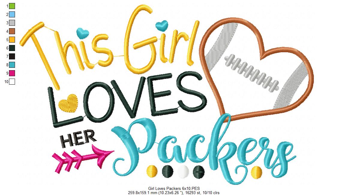 This Girl Loves Packers Football - Appliqué - Machine Embroidery Design