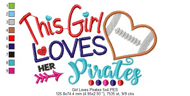 This Girl Loves Her Pirates Football Heart - Appliqué - Machine Embroidery Design