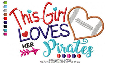 This Girl Loves Her Pirates Football Heart - Appliqué - Machine Embroidery Design