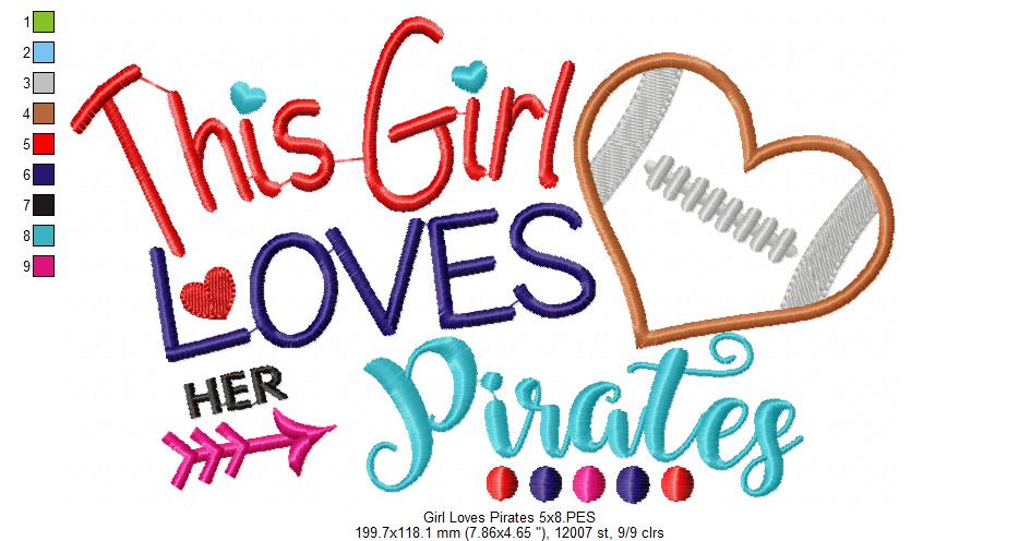 This Girl Loves Her Pirates Football Heart - Appliqué - Machine Embroidery Design