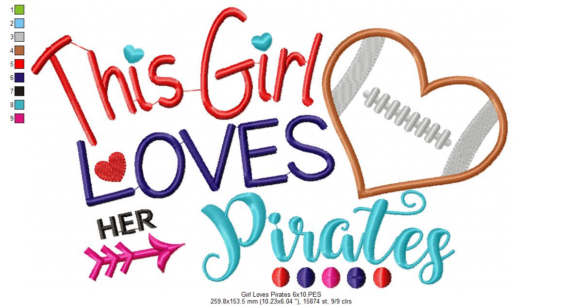 This Girl Loves Her Pirates Football Heart - Appliqué - Machine Embroidery Design