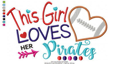 This Girl Loves Her Pirates Football Heart - Appliqué - Machine Embroidery Design