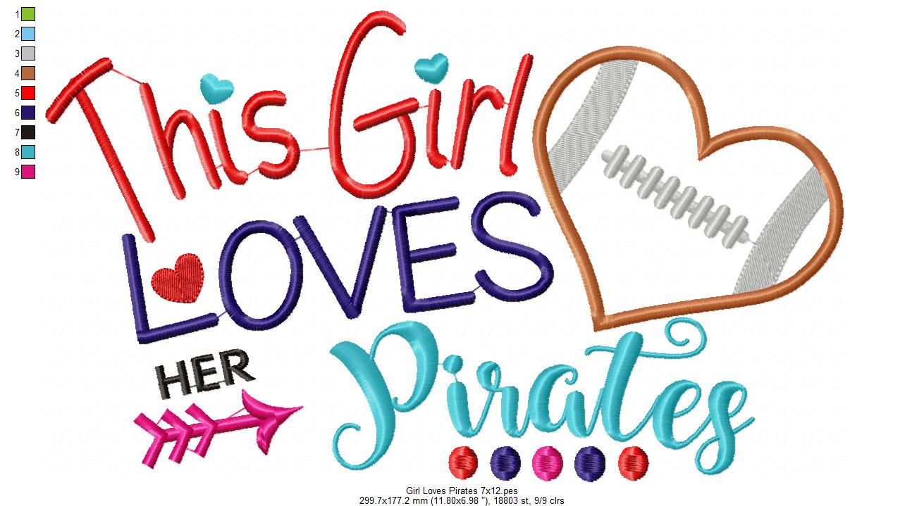 This Girl Loves Her Pirates Football Heart - Appliqué - Machine Embroidery Design