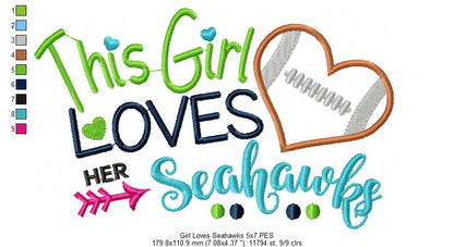 This Girl Loves Seahawks Football - Appliqué - Machine Embroidery Design