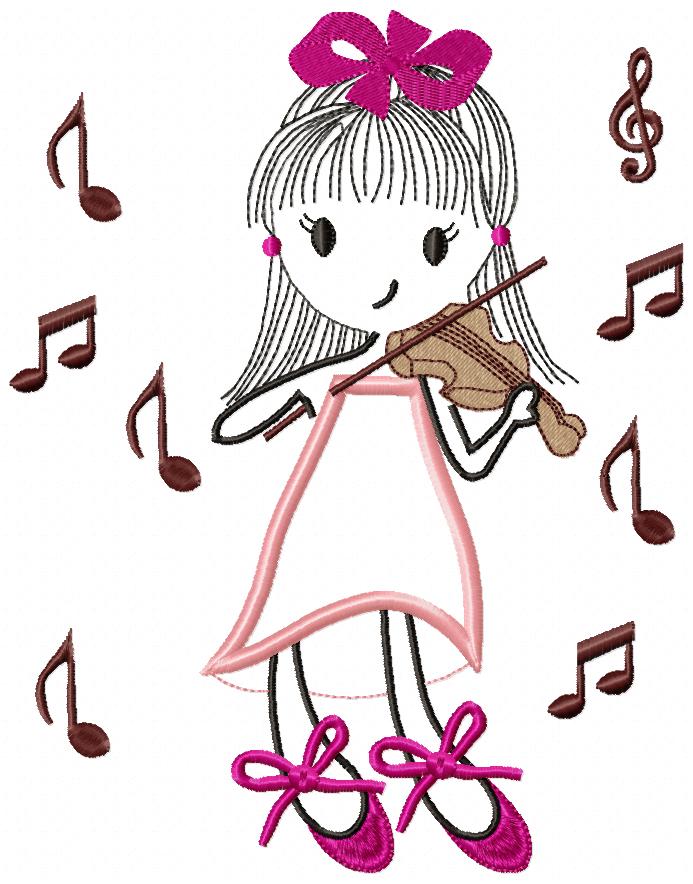 Swirly Girl Playing Violin - Applique Embroidery