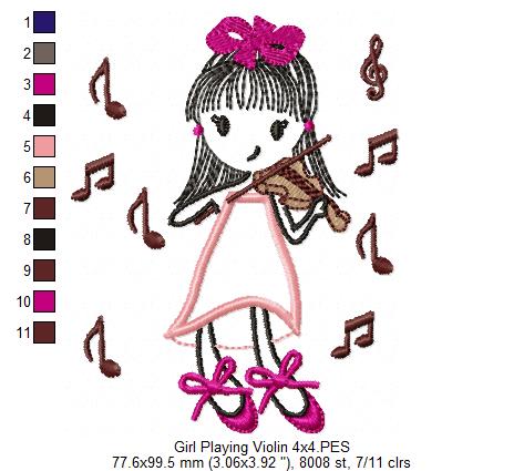 Swirly Girl Playing Violin - Applique Embroidery