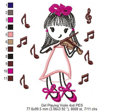 Swirly Girl Playing Violin - Applique Embroidery