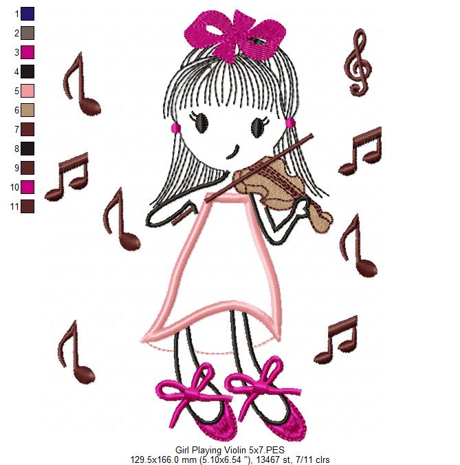 Swirly Girl Playing Violin - Applique Embroidery