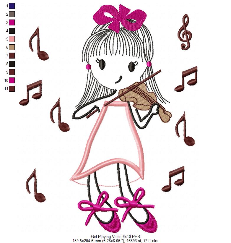 Swirly Girl Playing Violin - Applique Embroidery