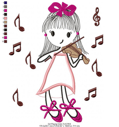 Swirly Girl Playing Violin - Applique Embroidery