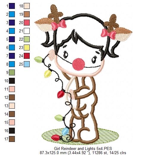 Girl Reindeer and Christmas Lights - Applique