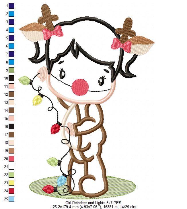Girl Reindeer and Christmas Lights - Applique