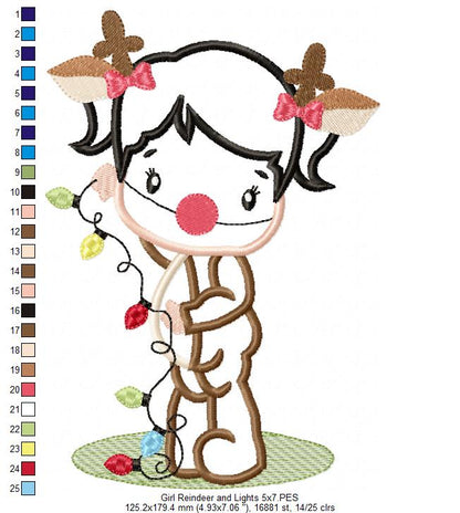 Girl Reindeer and Christmas Lights - Applique