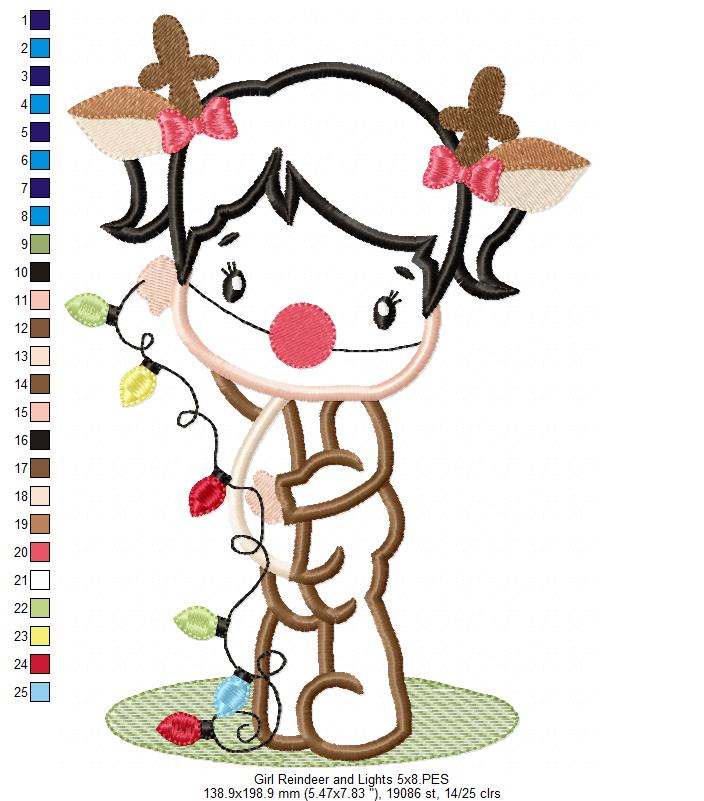 Girl Reindeer and Christmas Lights - Applique