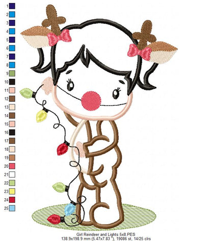 Girl Reindeer and Christmas Lights - Applique