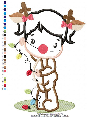 Girl Reindeer and Christmas Lights - Applique