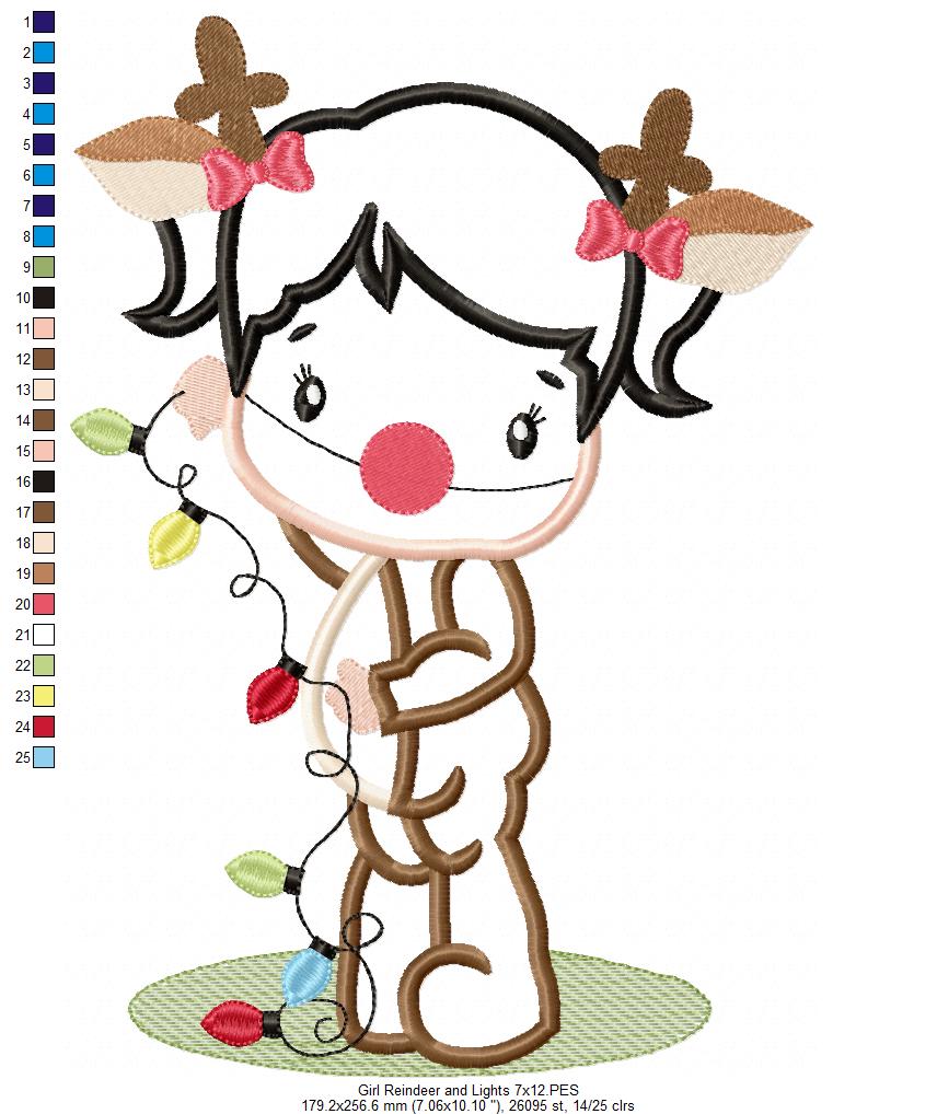 Girl Reindeer and Christmas Lights - Applique