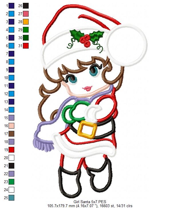 Christmas Santa Girl - Applique - Machine Embroidery Design