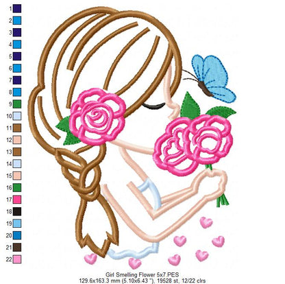 Girl Smelling Flowers - Applique