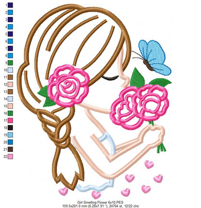 Girl Smelling Flowers - Applique