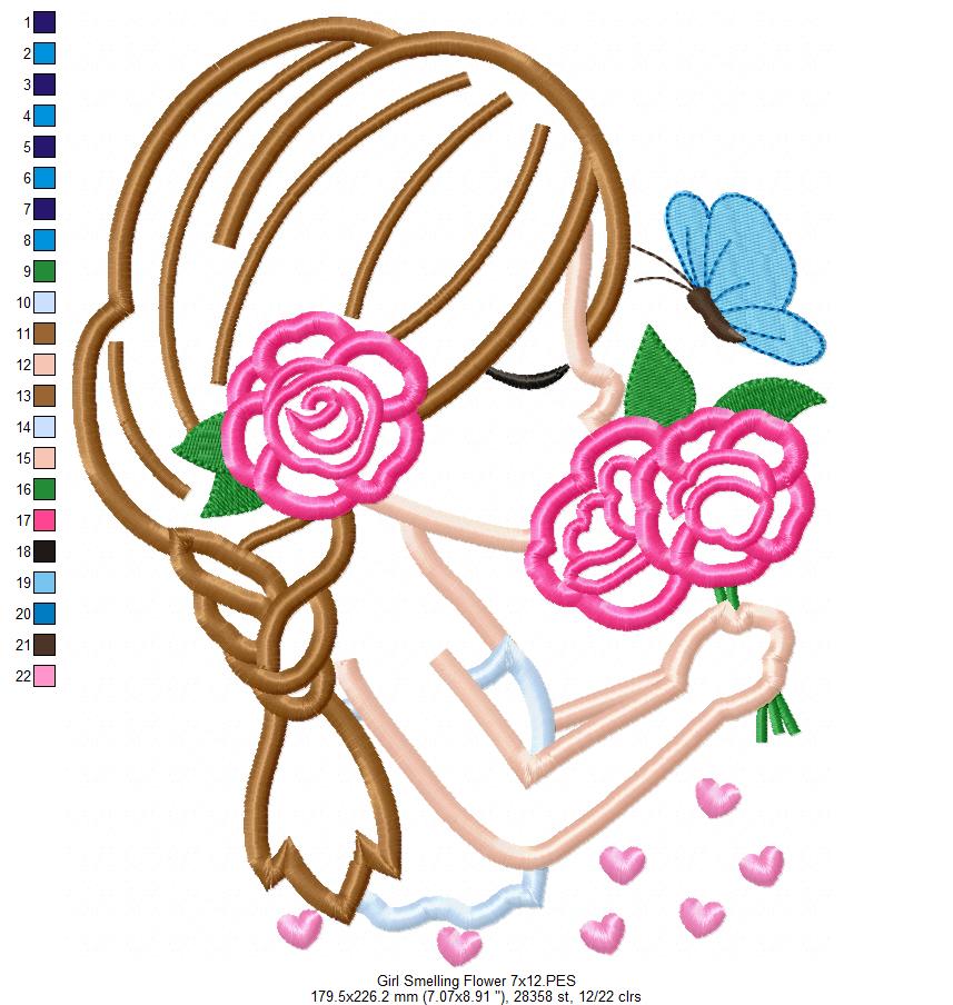 Girl Smelling Flowers - Applique