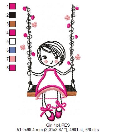 Swirly Girl on Garden Swing - Applique - Machine Embroidery Design