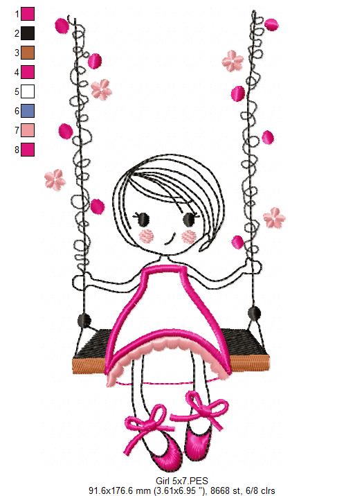 Swirly Girl on Garden Swing - Applique - Machine Embroidery Design