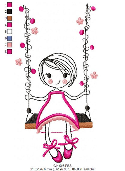Swirly Girl on Garden Swing - Applique - Machine Embroidery Design