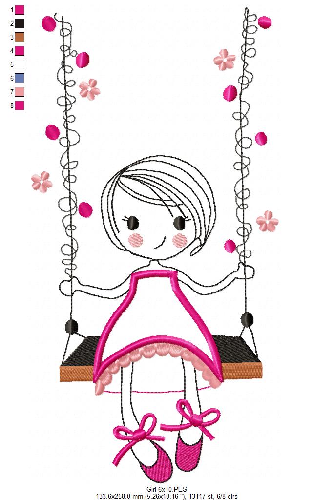 Swirly Girl on Garden Swing - Applique - Machine Embroidery Design