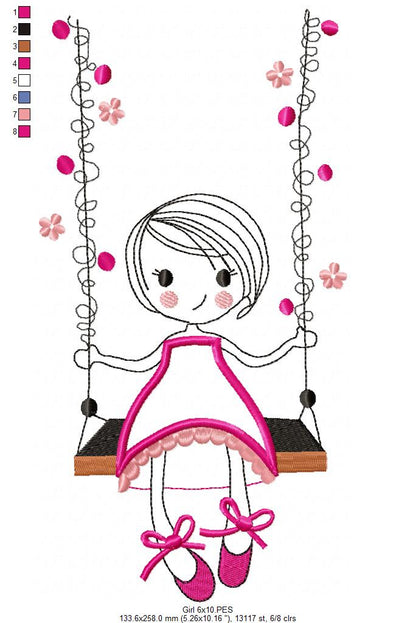 Swirly Girl on Garden Swing - Applique - Machine Embroidery Design