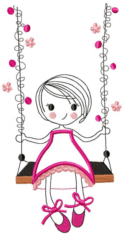 Swirly Girl on Garden Swing - Applique - Machine Embroidery Design