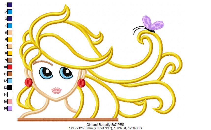 Beautiful Girl and Butterfly - Applique