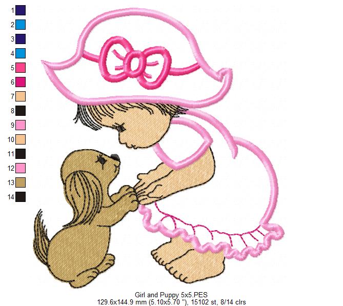 Baby Girl and Puppy - Applique - Machine Embroidery Design