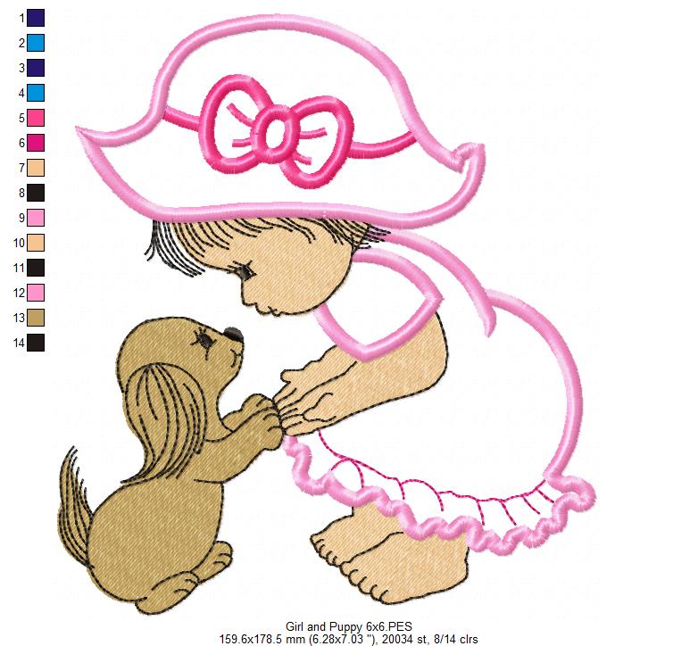 Baby Girl and Puppy - Applique - Machine Embroidery Design