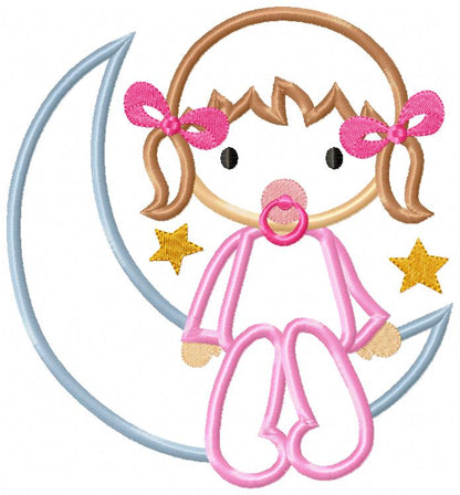 Baby Girl on the Moon - Applique Machine Embroidery Design