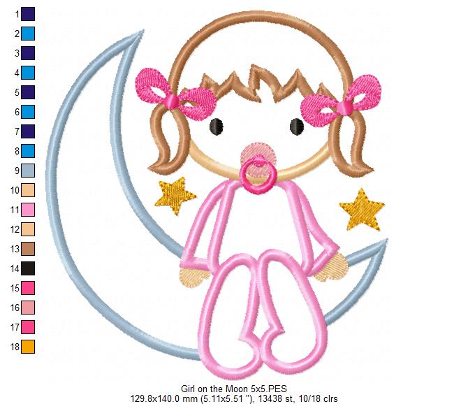 Baby Girl on the Moon - Applique Machine Embroidery Design