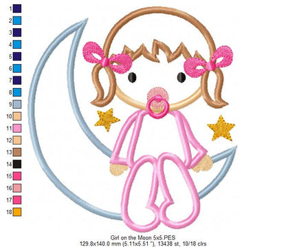 Baby Girl on the Moon - Applique Machine Embroidery Design