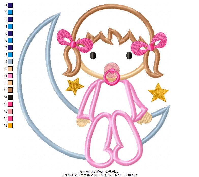 Baby Girl on the Moon - Applique Machine Embroidery Design