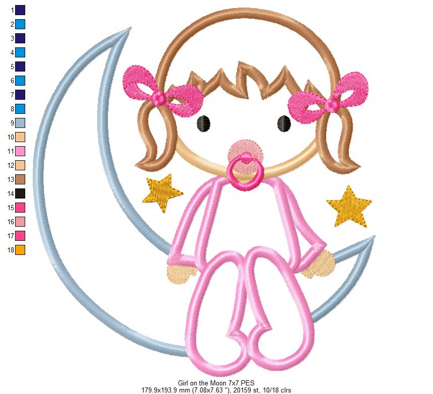 Baby Girl on the Moon - Applique Machine Embroidery Design