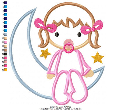 Baby Girl on the Moon - Applique Machine Embroidery Design