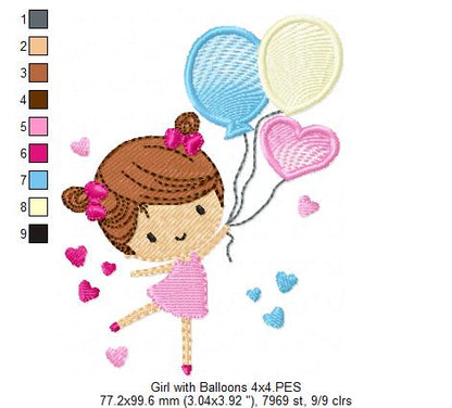 Girl with Balloons - Fill Stitch - Machine Embroidery Design