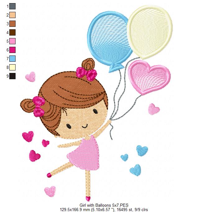 Girl with Balloons - Fill Stitch - Machine Embroidery Design