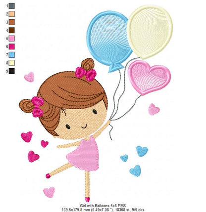 Girl with Balloons - Fill Stitch - Machine Embroidery Design