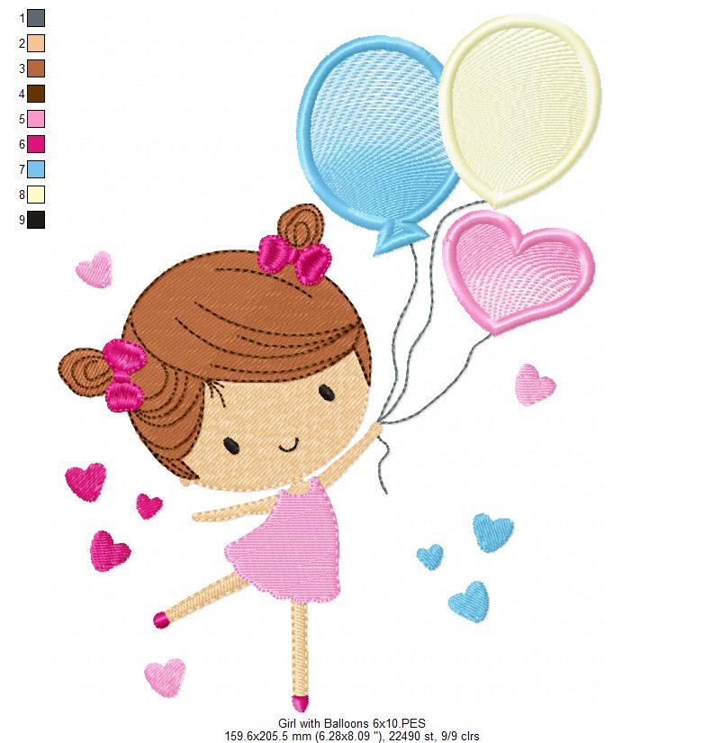 Girl with Balloons - Fill Stitch Embroidery