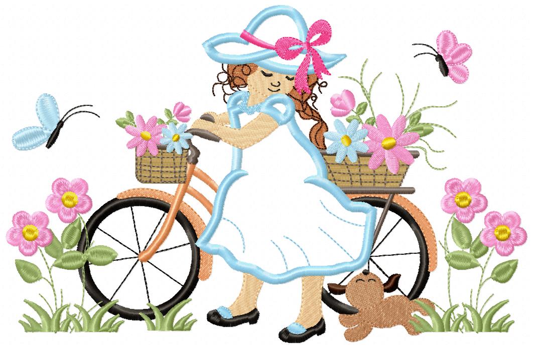 Beautiful Girl, Bike and Dog - Applique - Machine Embroidery Design