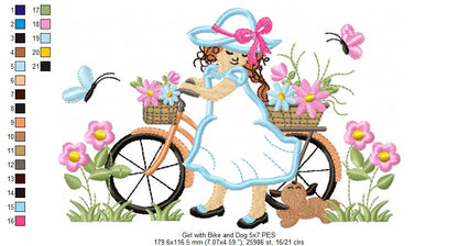Beautiful Girl, Bike and Dog - Applique - Machine Embroidery Design