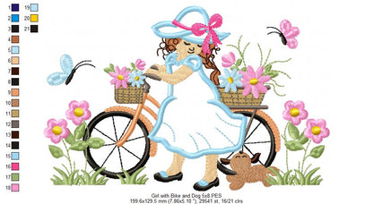 Beautiful Girl, Bike and Dog - Applique - Machine Embroidery Design