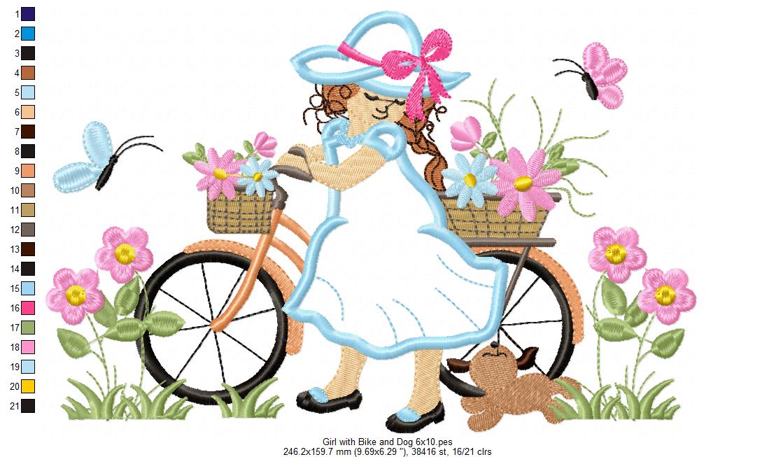 Beautiful Girl, Bike and Dog - Applique - Machine Embroidery Design