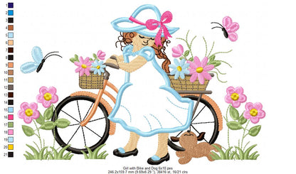 Beautiful Girl, Bike and Dog - Applique - Machine Embroidery Design