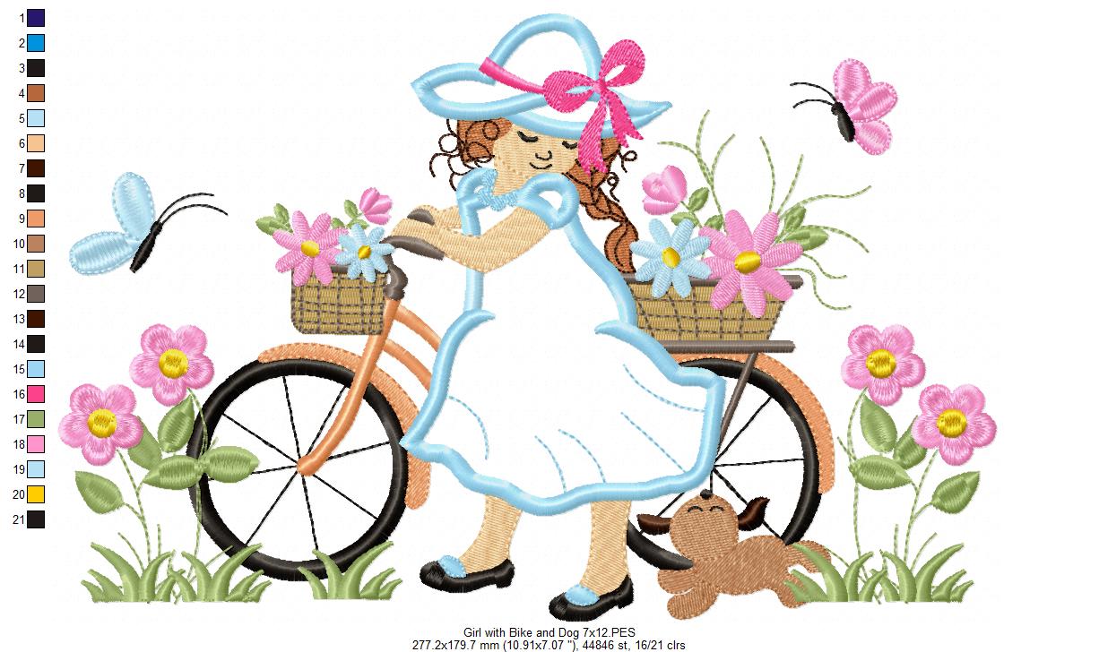 Beautiful Girl, Bike and Dog - Applique - Machine Embroidery Design